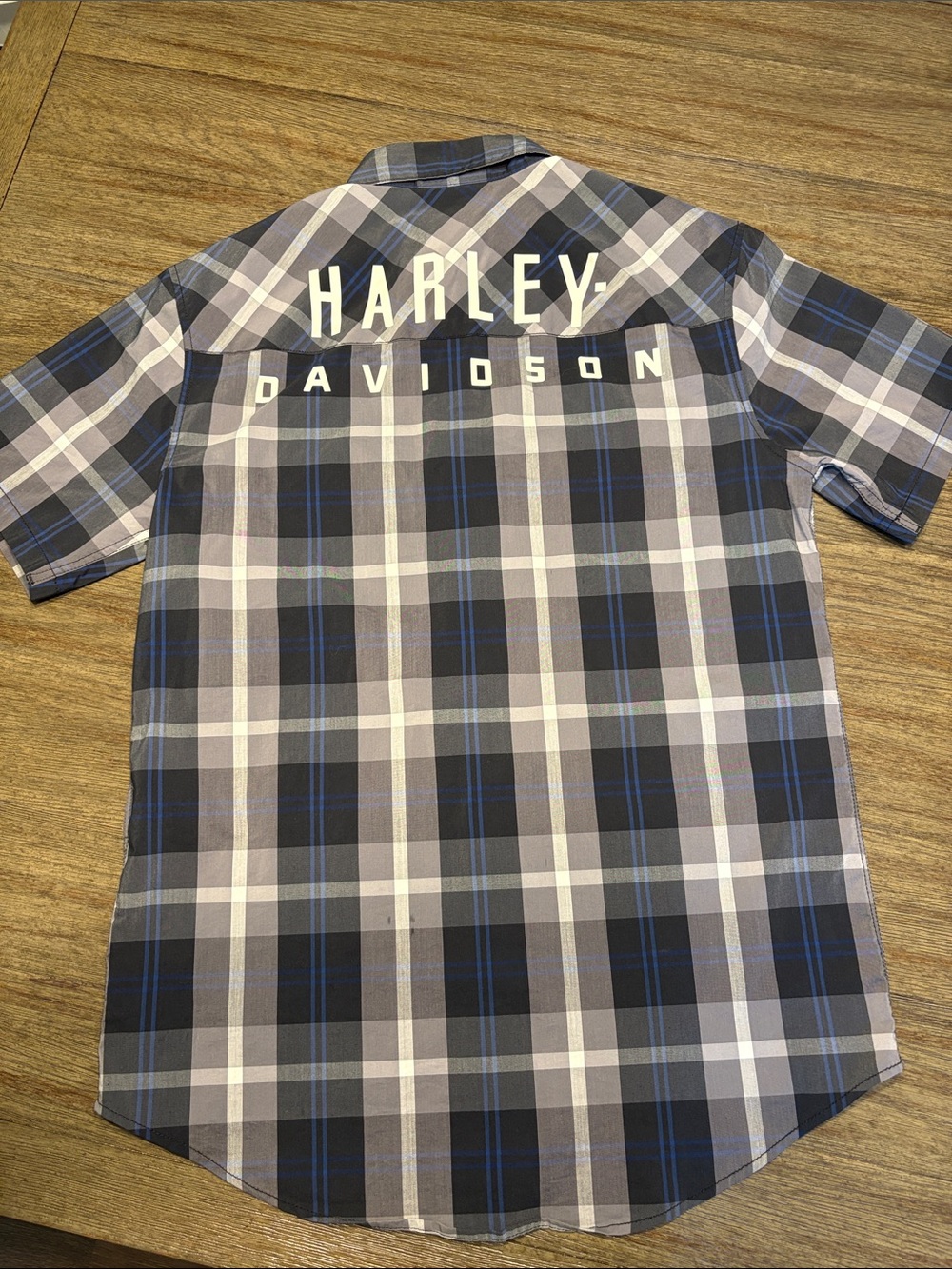 Harley-Davidson Blue, Gray & White Plaid Short-Sleeve Button-Down Shirt